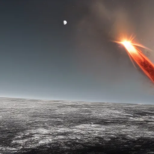 Prompt: wide angle view at the point of impact showing the Effiel tower being hit by an asteroid the size of the moon.