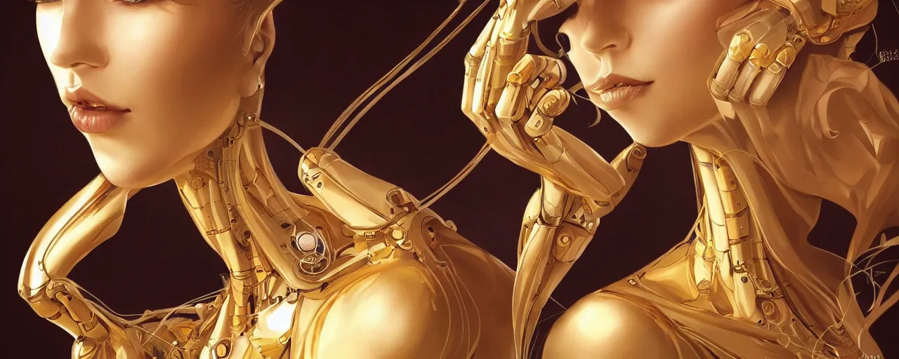 Image similar to beauty art nouveau woman, gold robotic, trending on artstation, by Artgerm