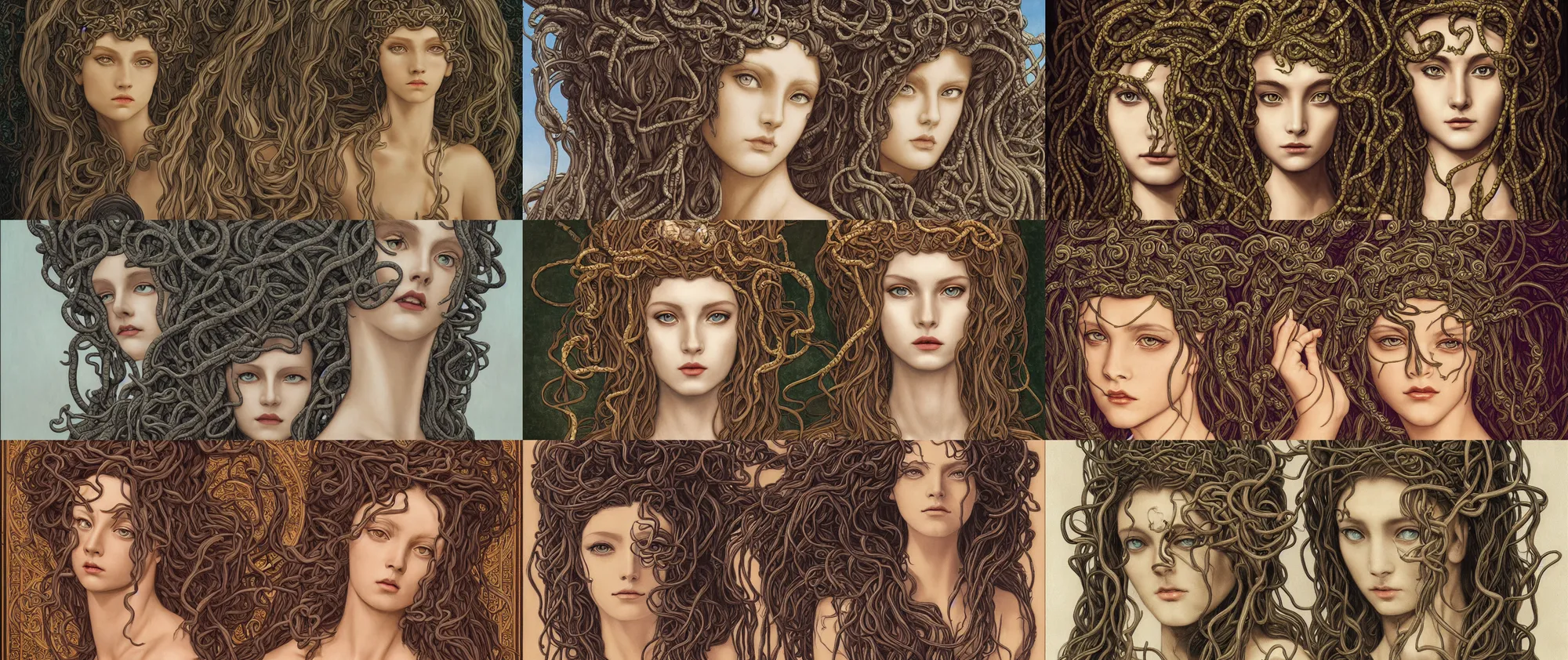 Prompt: medusa portrait in glorious greek temple, snake hair, beautiful female gorgon, symmetrical face, beautiful eyes, fine art, art nouveau masterpiece, semi realistic anime, museum quality work, art style of John Collier, Moebius, Studio Ghibli, cinematic, widescreen, 4K