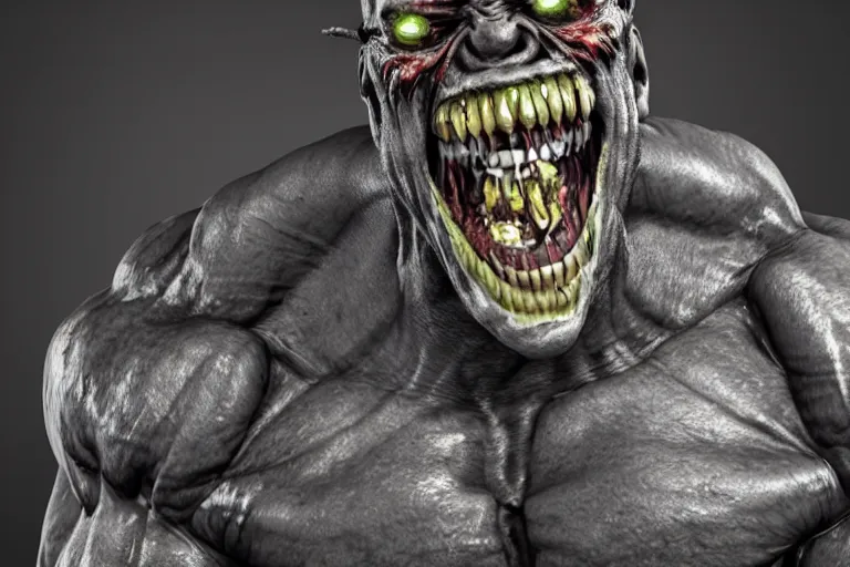 Image similar to a giant disgusting body builder made of muscles and flesh, very angry, teeth, ambient light, terror, glows, realistic, photo-realism, hyper realism, picture, detailed, 3D render, scary, distant shot, in the distance,