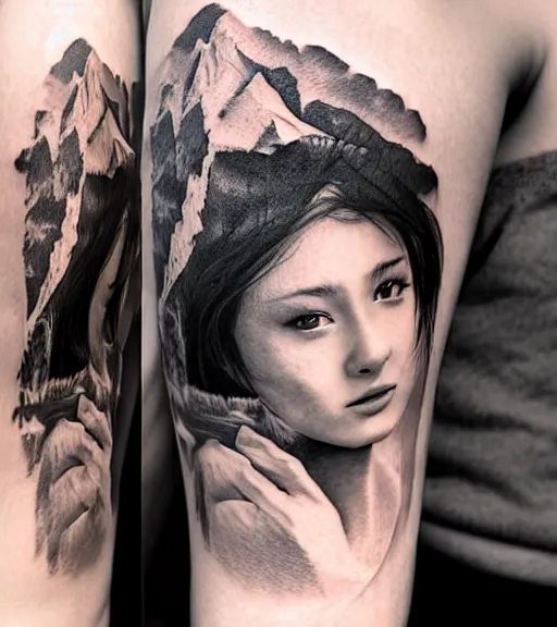 Prompt: a beautiful girl faded in a mountain scenery, realism tattoo, in the style of den yakovlev, black and white, hyper realistic, highly detailed