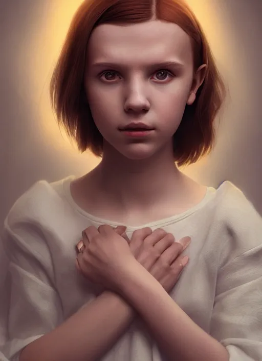 Image similar to portrait art of girl resembling millie bobby brown or alicia vikander as a redheaded angel, art by alessio albi 8 k ultra realistic, angel wings, lens flare, atmosphere, glow, detailed, intricate, full of colour, led lighting, trending on artstation, 4 k, hyperrealistic, focused, extreme details, unreal engine 5, masterpiece