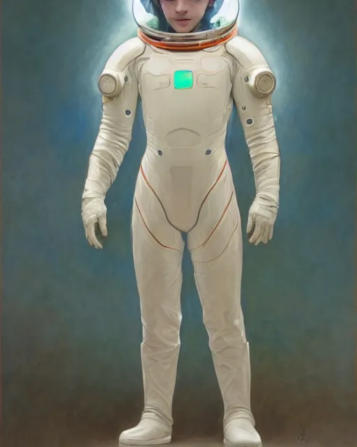 Image similar to a portrait painting of a shy, blushing 1 6 - year old tom holland or timothee chalamet, backlit, wearing a futuristic translucent iridescent plastic space suit with a space helmet, elegant, highly detailed, artstation, concept art, by krenz cushart and donato giancola and william adolph bouguereau and alphonse mucha