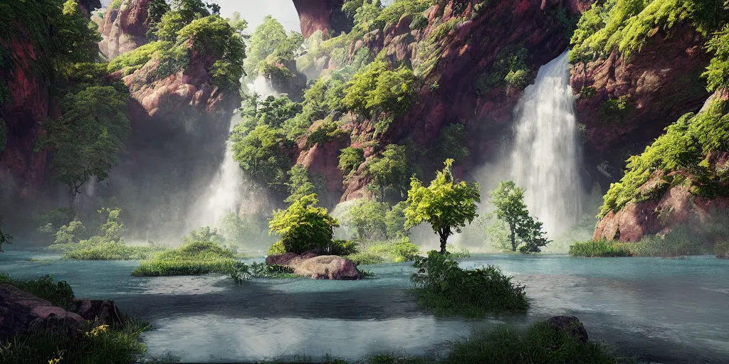 Prompt: stunning landscape, waterfall, 8 k uhd, unreal engine, octane render in the artstyle of kuindzhi