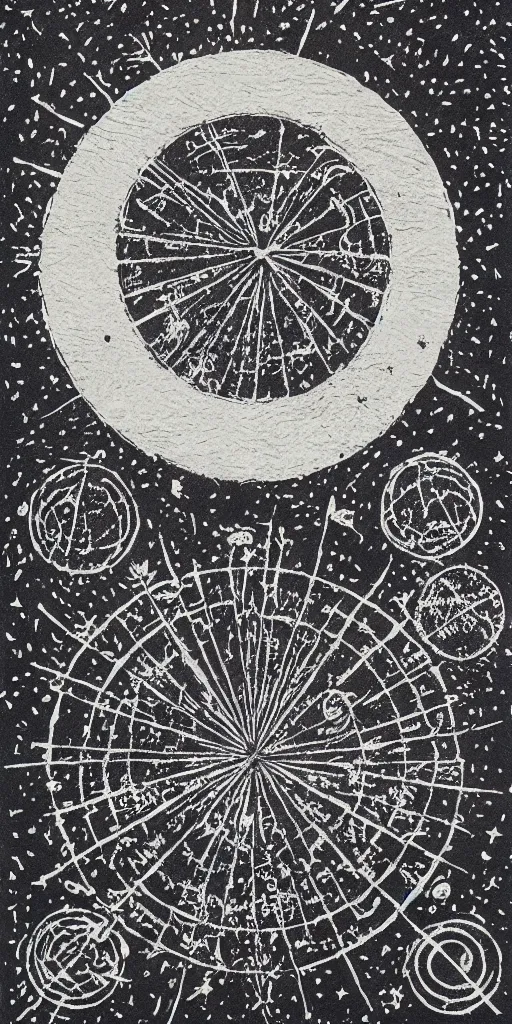 Prompt: the five phases of the moon, occult, vast cosmos, a photograph of a simple two color woodcut print with ink on textured paper