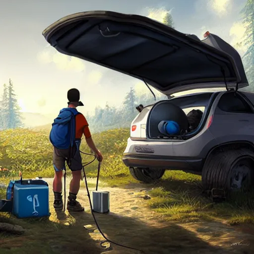 Image similar to hiker unloading the car before camping, by roman shipunov, cgsociety, cynical realism, fantasy art, 2 d game art