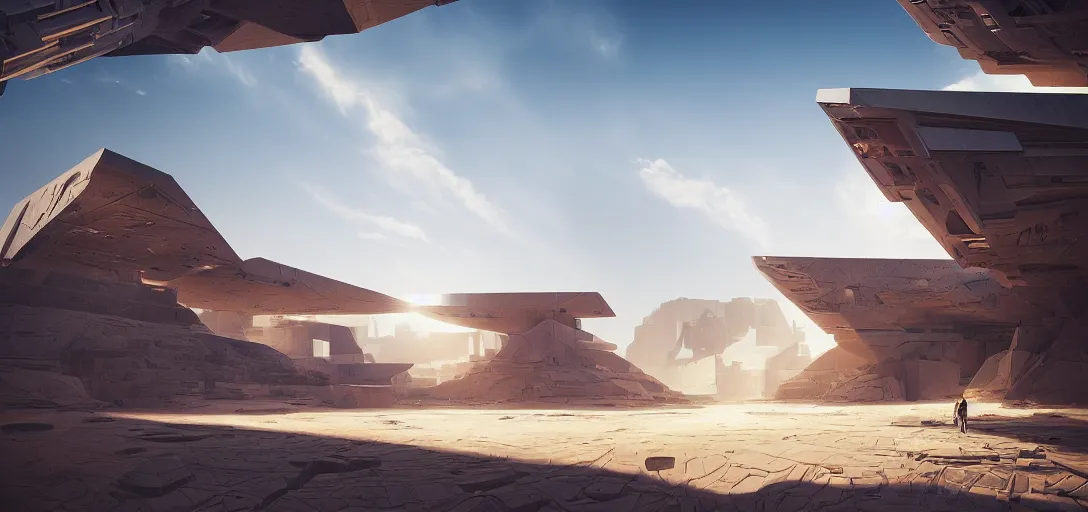 Prompt: view from the desert ground of futuristic blocky brutalist architecture, light rays, symmetry, cinematic lighting, ultra detailed, sharp, ambient occlusion, bloom, raytracing, by greg rutowski, finnian macmanus and jessica rossier