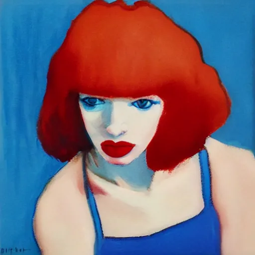 Image similar to Female model, red hair, coral lips, blue shadow, Edward Hopper style