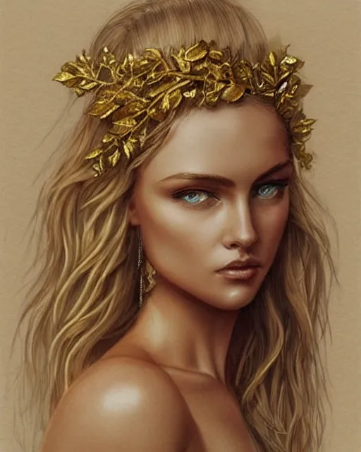 Image similar to tattoo design sketch of hot blonde super model as aphrodite greek goddess wearing a gold laurel wreath and triangle earrings, beautiful piercing gaze with sharp pupils, in the style of greg rutkowski, fantasy, amazing detail, epic, elegant, smooth, sharp focus, front view