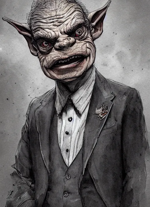 Image similar to portrait, an ugly goblin in an oversized suit and tie, watercolor, dramatic lighting, cinematic, establishing shot, extremely high detail, foto realistic, cinematic lighting, pen and ink, intricate line drawings, by Yoshitaka Amano, Ruan Jia, Kentaro Miura, Artgerm, post processed, concept art, artstation, matte painting, style by eddie mendoza, raphael lacoste, alex ross