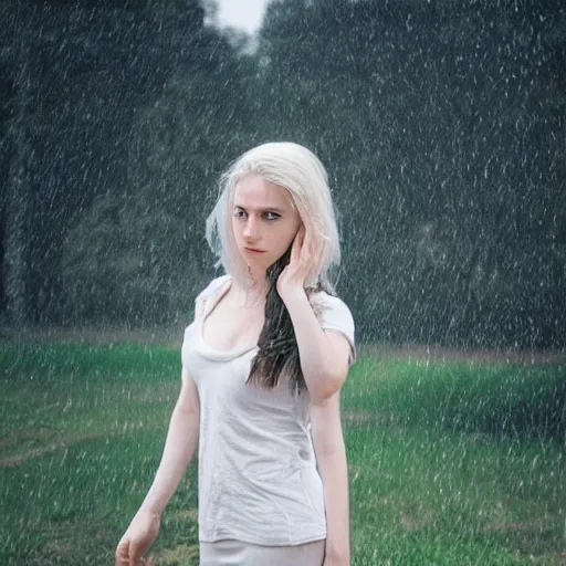 Image similar to cute annie leonhart in minecraft, beautiful face, pale skin, rule of thirds, cinematic lighting, rainy weather, melancholy atmosphere, sharp focus, backlit, stunning, smooth, hard focus, full body shot, instagram photo, shot on sony a 7 iii, hyper realistic,