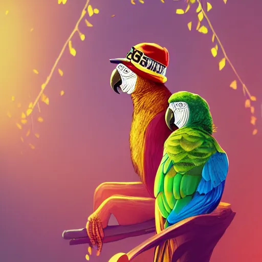 Image similar to parrots wearing golden rings and necklaces, with rap cap on head, rapping and sitting on golden trees, rap scene, modern concept art, trending on artstation, highly detailed, digital art, 8 k