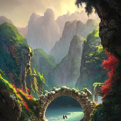 Prompt: A beautiful hyper realistic detailed matte painting of a perfect stone archway over a pathway through a dense colorful forest, dramatic mountains in background, dramatic lighting, dynamic lighting, cinematic lighting, lit by morning light, by Raphael Lacoste and John Howe and Andreas Rocha, unreal engine, featured on artstation, ultrawide angle, f8, polarizer filter