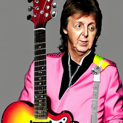 Image similar to Paul McCartney playing a Pink Squier Hello Kitty Stratocaster, 8k, high definition, highly detailed, photo-realistic