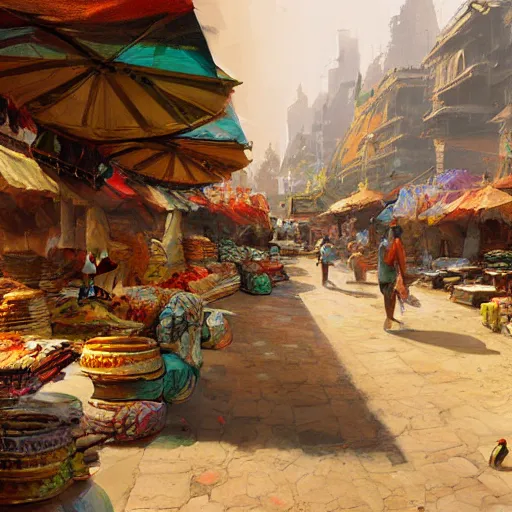 Prompt: Indian street market circa 1600s, environmental concept art by Craig Mullins, clear