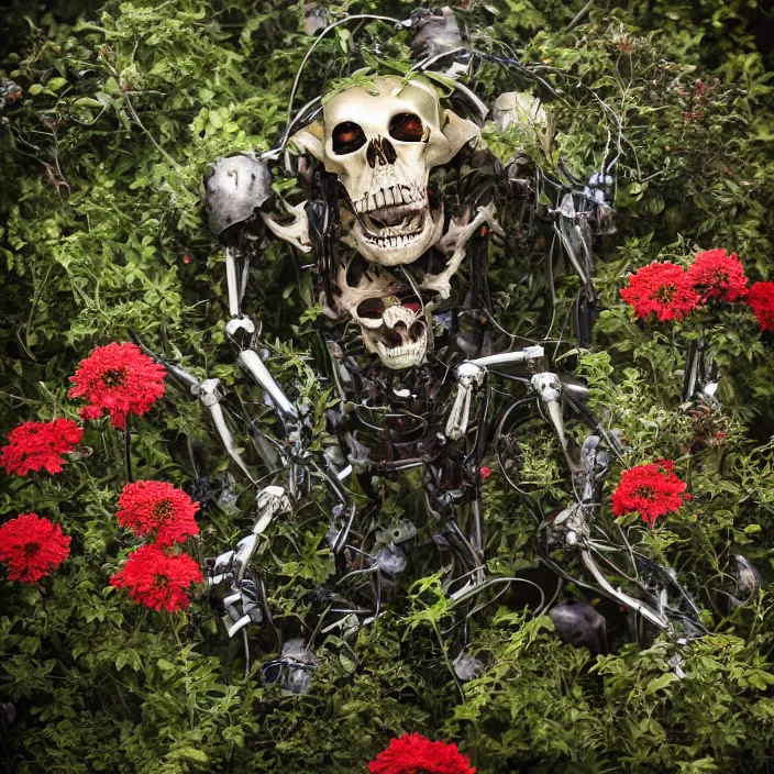 Prompt: overgrown foliage over a full - robot skeleton on the ground, close - up, 3 5 mm, f 1. 8, bokeh, beautiful, lens flare, emotional, sweet, flowers, detailed, picture, trending on artstation, award - winning, shiny, golden