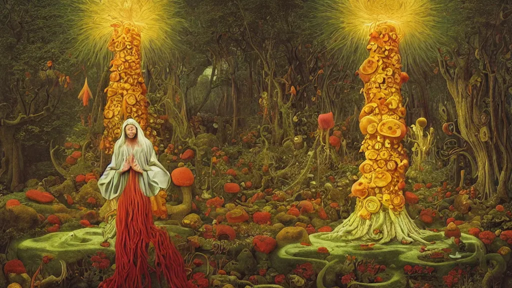 Prompt: a meditating druid shaman surrounded by a single colorful! ( lovecraftian ) golden fungus tower white! clear empty sky, a high contrast!! ultradetailed photorealistic painting by jan van eyck, audubon, rene magritte, agnes pelton, max ernst, walton ford, andreas achenbach, ernst haeckel, hard lighting, masterpiece