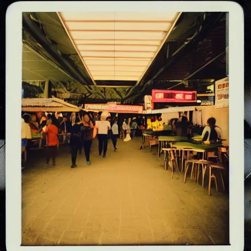 Image similar to polaroid photo of a hawker centre, cinematic lighting