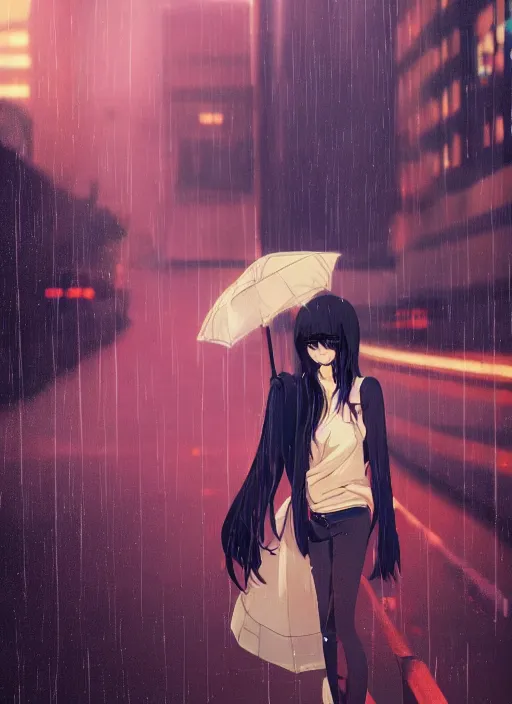 Image similar to listening to music at 2 am, night, pretty girl, pose, rain, lofi, lofi, peaceful, street light, anime key visual, poster, street wears, anime, by wlop, high quality, 4 k, trending, trending on artstation