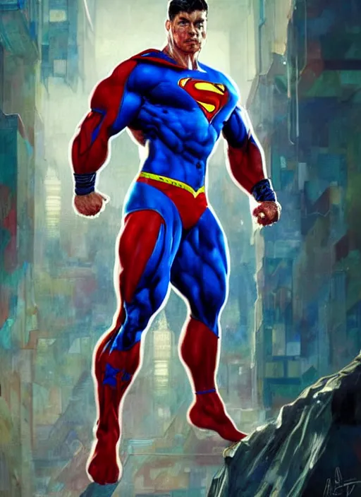 Prompt: portrait of crossfit bodybuilder fitness muscular superman!, futuristic detailed ornate cyberpunk costume!, red and blue costume!!, pale skin!, no logo!!!, painted art by tsuyoshi nagano, greg rutkowski, artgerm, alphonse mucha, spike painting