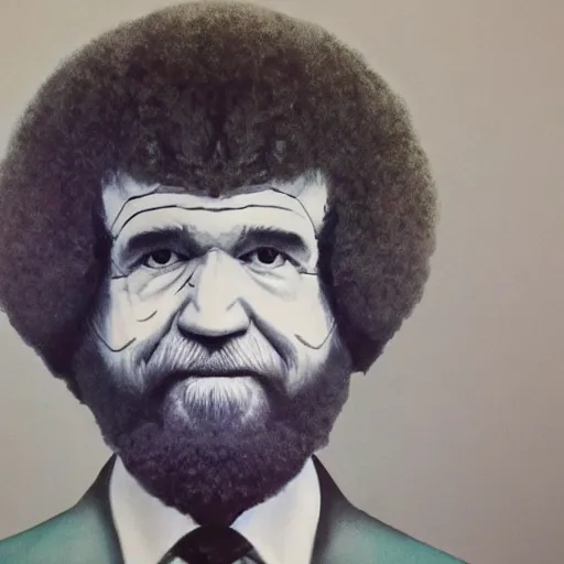 Image similar to nuclear mushroom cloud in shape of bob ross self portrait