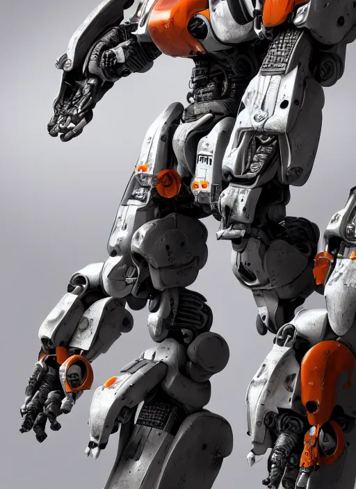 Prompt: a Photorealistic dramatic hyperrealistic full frame render of a futuristic exosuit warrior Mech,Ultra realistic details,glossy white metal,Orange racing stripes,weathered surfaces,by Hidetaka Tenjin,Yoh Yoshinori,Yoji Shinkawa,Masamune Shirow,Beautiful dramatic dark moody tones and lighting,cinematic atmosphere,studio lighting,shadows,dark background, Octane render,8K