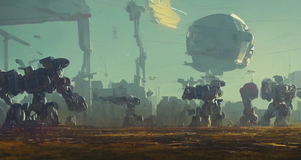 Image similar to Landscape with GIANT mechatronics megastructure looming in the distance fighting each other, inspired by gundam, cinematic, rendered by simon stålenhag, rendered by Beeple, Makoto Shinkai, syd meade, environment concept, digital art, unreal engine, 3 point perspective, WLOP, trending on artstation, low level, 4K UHD image, octane render,