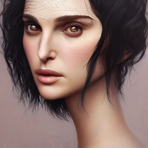 Image similar to tom bagshaw portrait, beautiful mix of natalie portman in desert robes, black hair, professionally retouched, focus eyes, ultra realistic soft painting, insanely detailed linework, symmetrical accurate intricate features, behance, 8 k