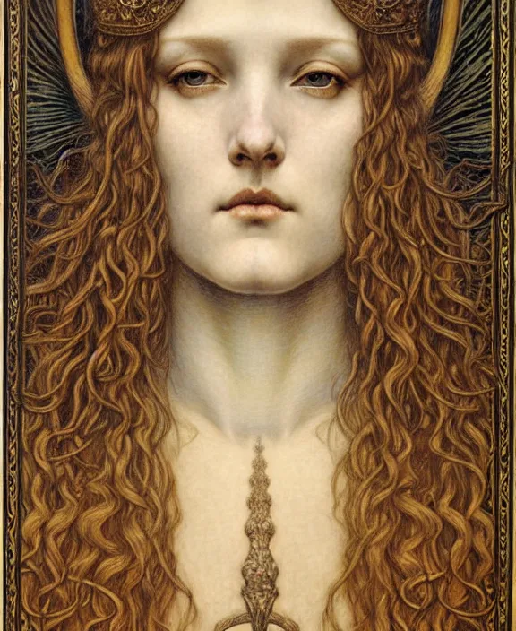 Image similar to detailed realistic beautiful young medieval queen face portrait by jean delville, gustave dore and marco mazzoni, art nouveau, symbolist, visionary, gothic, pre - raphaelite. horizontal symmetry