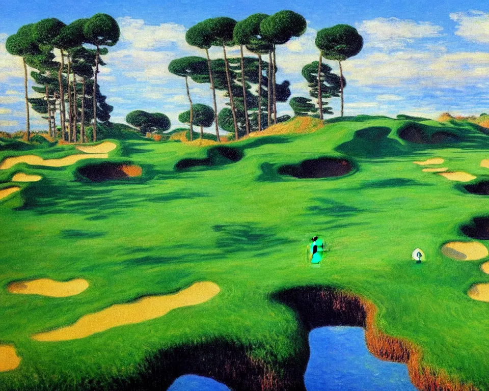 Prompt: achingly beautiful painting of bandon dunes par 3 by rene magritte, monet, and turner.