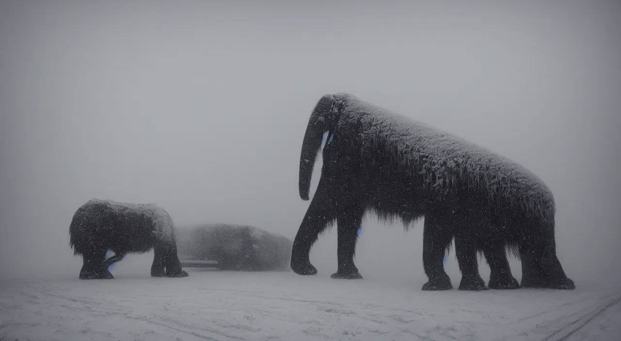 Prompt: “photo of one biomechanical mammoth in an arctic storm with some fog and blizzard, the mammoth drags old gigantic coal wagons with snow, it's a sunset photo with cold tones, some people around ”