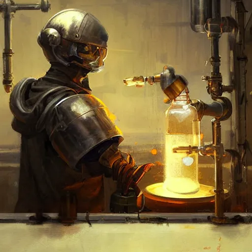 Image similar to medieval fantasy alchemist wearing a helmet working in laboratory, oil painting, by Greg Rutkowski