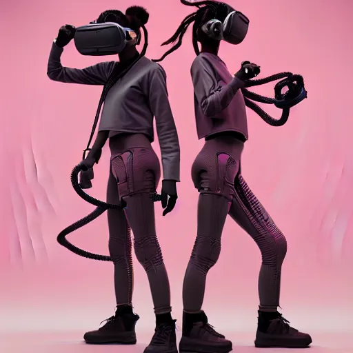 Image similar to intense futuristic bespoke vr headset respirator with long cables like dreadlocks on a set of twin ninja hypebeasts, by ilya kuvshinov and james jean and sorayama and ikeuchi and hiroya oku and gilleard james, artstation trending, 8 k, 3 d render, photorealistic, volumetric lighting caustics, pink