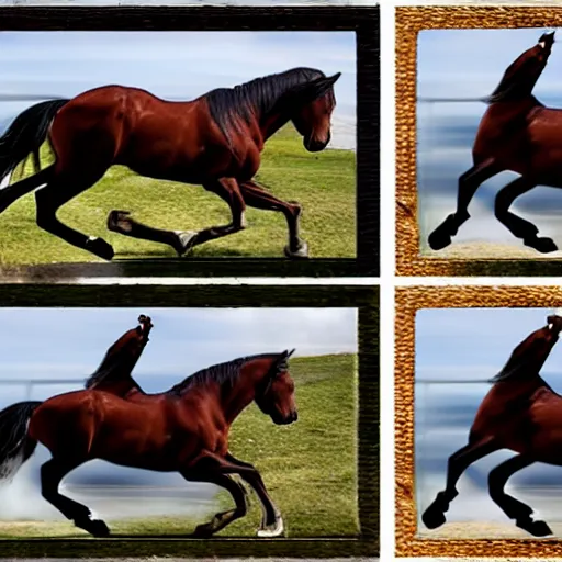 Image similar to 4 frames of a horse running frame - by - frame from a video clip
