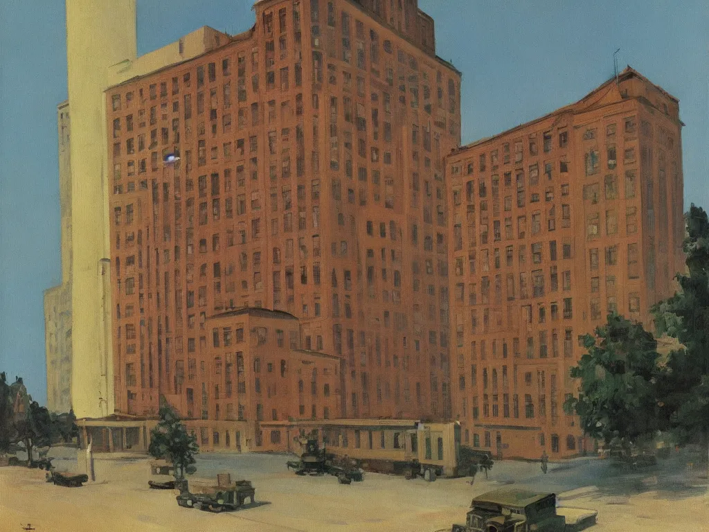 Image similar to headquarters of transylvanian software company in communist times. painting by hopper