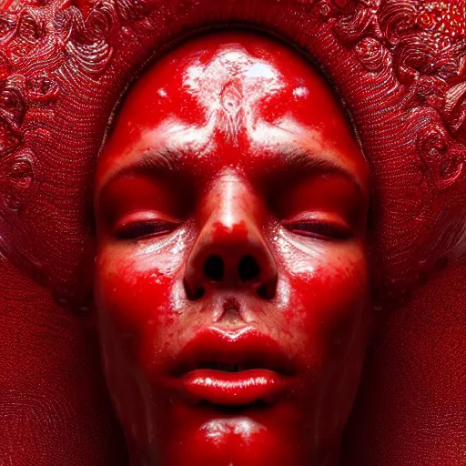 Image similar to man's head made out of strawberry skin, head is exploding in a swirl of jam : ornate, dynamic, particulate, intricate, elegant, highly detailed, centered, artstation, smooth, sharp focus, octane render