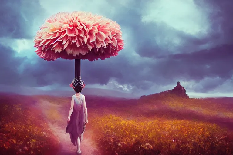 Image similar to giant dahlia flower crown under head, girl walking on mountain, surreal photography, blue storm clouds, dramatic light, impressionist painting, digital painting, artstation, simon stalenhag