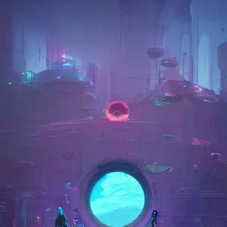 Prompt: a circle!! portal!!! structure floating in space!!, cyberpunk, epic surrealism, indigo, purple, cyan, detailed digital matte painting in the style of simon stalenhag and painting by ralph mcquarrie