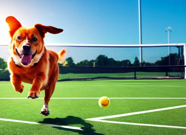 Prompt: a dog running after a tennis ball, soccer field in the background, warm colours, in sun light, national geography magazine cover photo, 8 k
