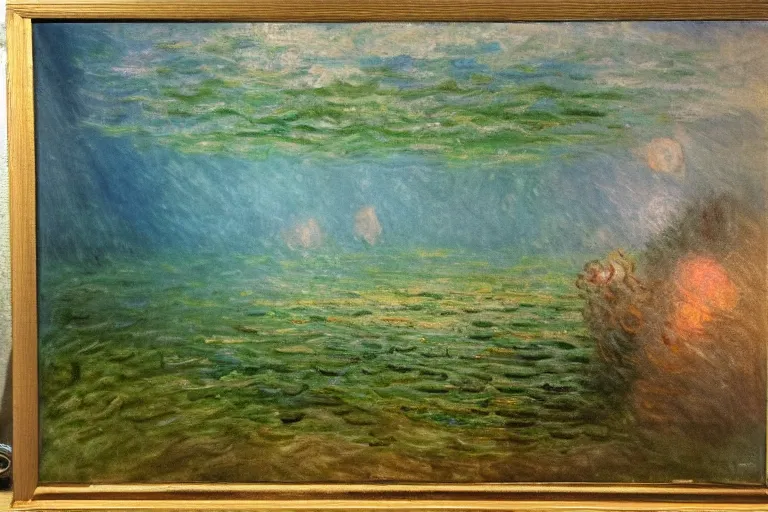 Image similar to underwater scene with volumetric lighting, oil painting in the style of Claude Monet