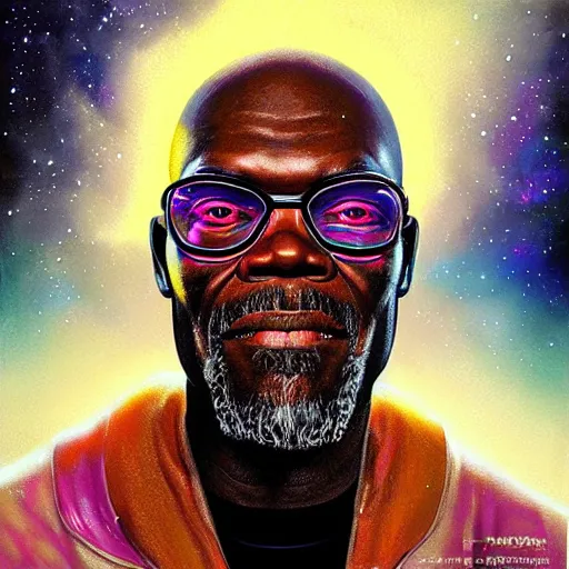 Image similar to cosmic portrait of Samuel L. Jackson, Pixar style, by Tristan Eaton Stanley Artgerm and Tom Bagshaw.