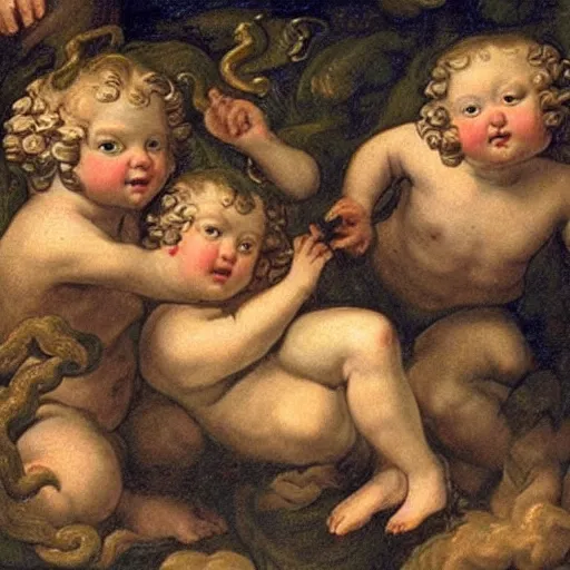 Prompt: cherubs with snakes for hair, extremely detailed, a baroque painting, rococo style