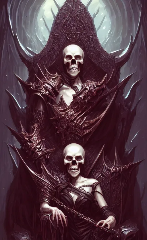 Image similar to desirable Vampire lord sitting on a skull throne, undead knights around her, fantasy, intricate, elegant, highly detailed, digital painting, artstation, concept art, matte, sharp focus, illustration, art by artgerm and Greg Rutkowski, dreadjim, zeen chin