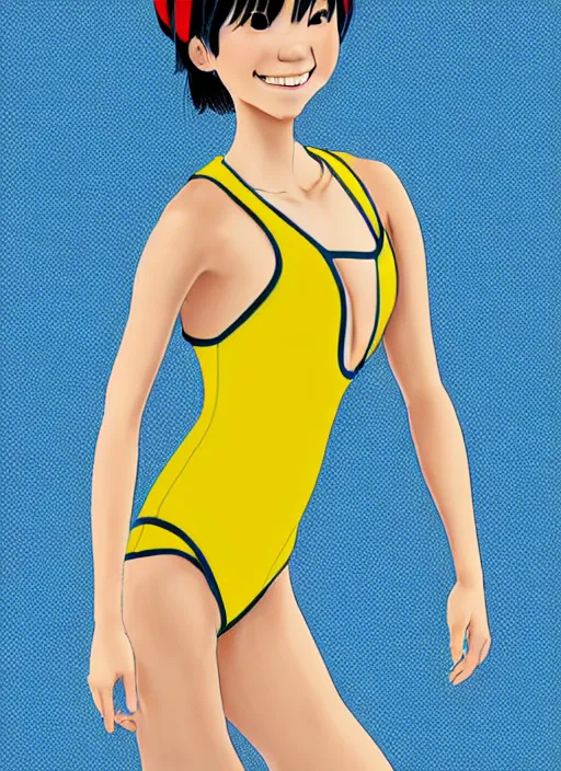 Image similar to a perfect professional digital sketch of a funny and cute Japanese young woman wearing one-piece sport swimsuit leotard, in style of Disney Pixar, CalArts