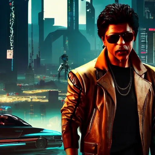 Prompt: full-frame of Shah Rukh Khan, wearing a brown leather-jacket, as a character from Cyberpunk 2077, looking at camera, intricate, sci-fi, extremely detailed, in the background cyperpunk-2077-city, concept art, artstation