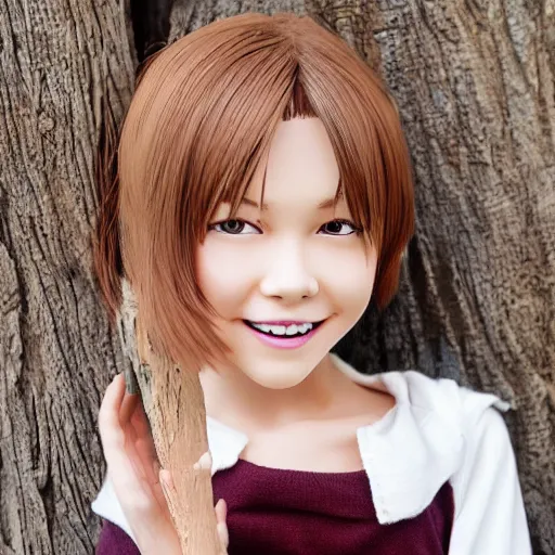 Image similar to Cute anime girl with realistic wooden teeth