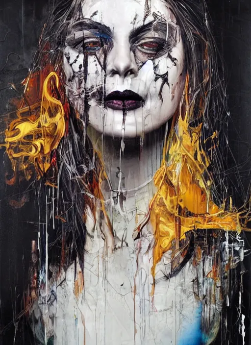 Image similar to cult magic psychic woman smiling, subjective consciousness psychedelic, epic surrealism expressionism symbolism story iconic, dark robed witch, oil painting, robe, symmetrical face, greek dark myth, by Sandra Chevrier, Nicola Samori, Jeff Legg masterpiece