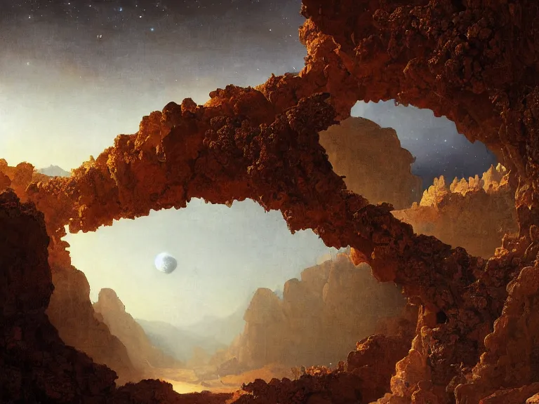 Prompt: an oil painting of an alien planet with a fractal crystal floating above the ground reflecting light in a desert canyon by carl spitzweg and tuomas korpi. baroque elements, full-length view. baroque element. intricate artwork by caravaggio. Trending on artstation. 8k