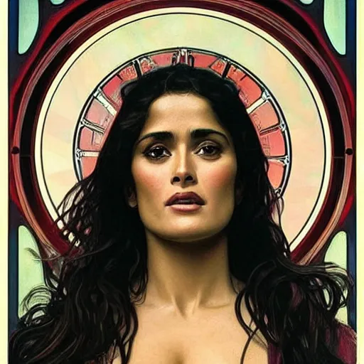 Image similar to salma hayek medium shot portrait by alphonse mucha, perfect proportions, beautiful face, perfect detailed eyes, vivid colrs, elegant, sharp focus, hyper - realistic, 4 k, unreal engine, highly detailed, hd, dramatic lighting by brom