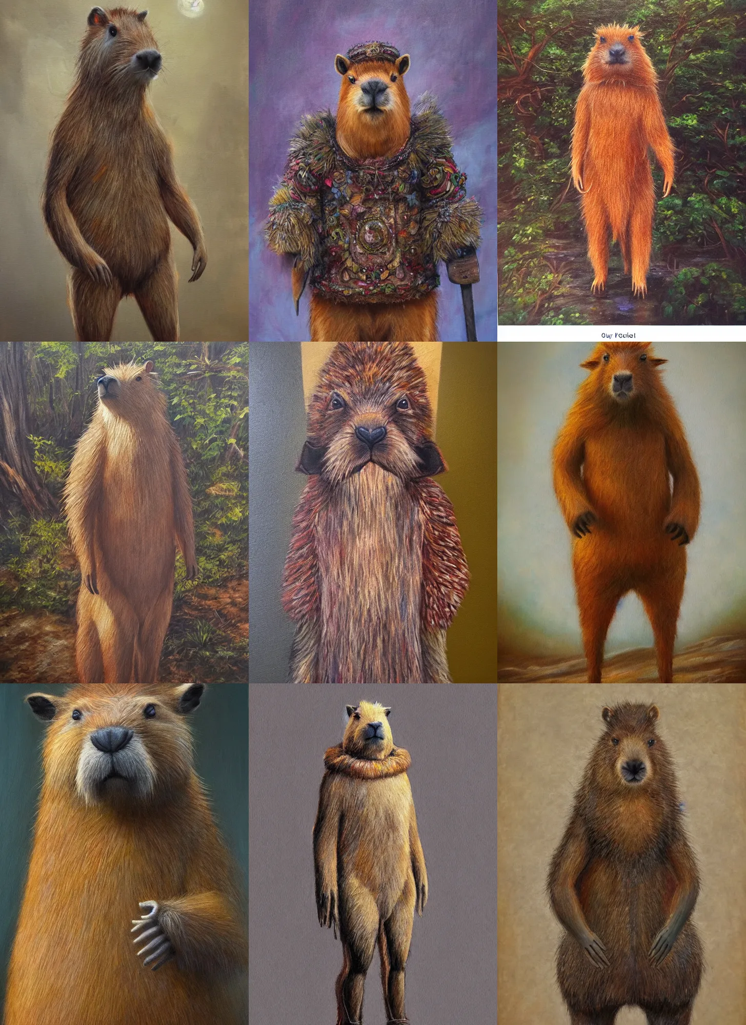 Prompt: full body concept art soft focus oil painting on canvas of an anthropomorphic capybara druid in full intricate clothing, dystopian, micro detail